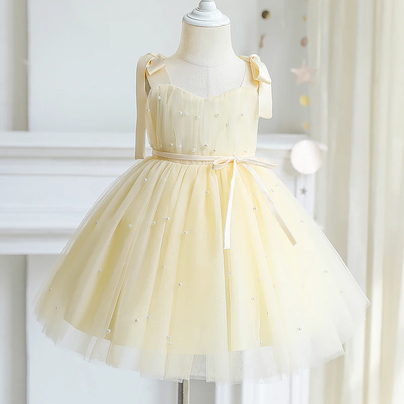 Elegant Kid Dress for Girl Tutu Fluffy Princess Pearls Wedding Gown Children Birthday Party Dress Summer Girl Sleeveless Clothes