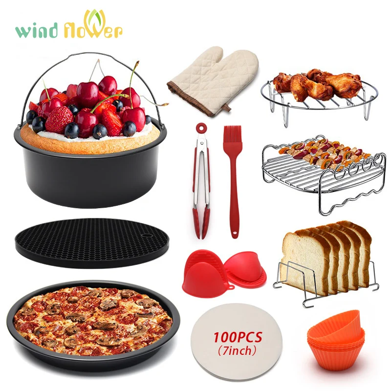 5/12 Pcs Air Fryer Accessories 7 Inch Fit for Airfryer 5.3QT to 5.8QT Baking Basket Pizza Plate Grill Pot Kitchen Cooking Tool