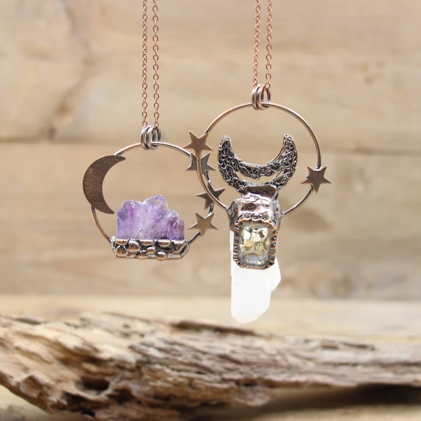 

Спаянные Бронзовые Подвески из моння, кварца, аметиста, античная медь, необработанный кристалл, точечная Друза, ожерелья, ювелирные изделия ...