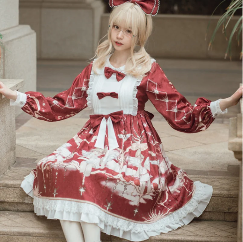 

Japanese loli cos sweet lolita dress vintage lace peter pan collar bowknot printing victorian dress kawaii girl gothic lolita op