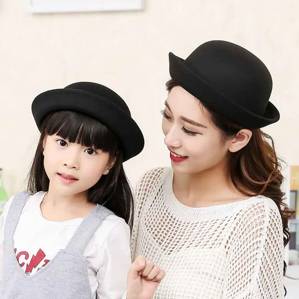 Parent-child Fedora Hat  Kids' Round Top Hat Dome Cap Children Dress Hats Felt Hats Wool Felting Bowler Hat For Mom and Baby