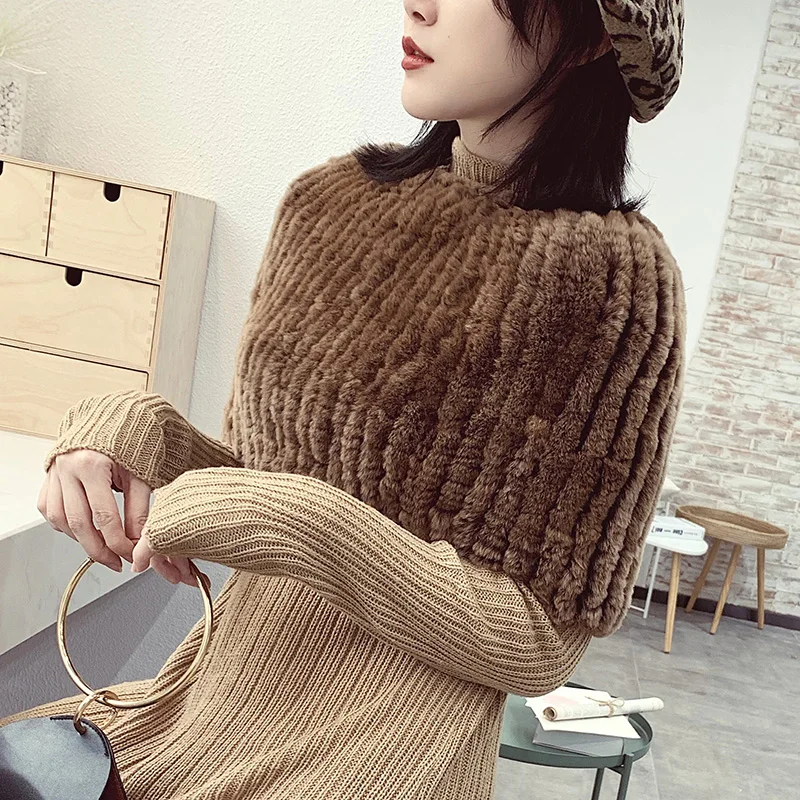 Natural Rex Rabbit Fur Woven Scarf for Women, High Elastic Shawl, Woven Scarf, Shoulder Cover, Keep Warm, Autumn and Winter