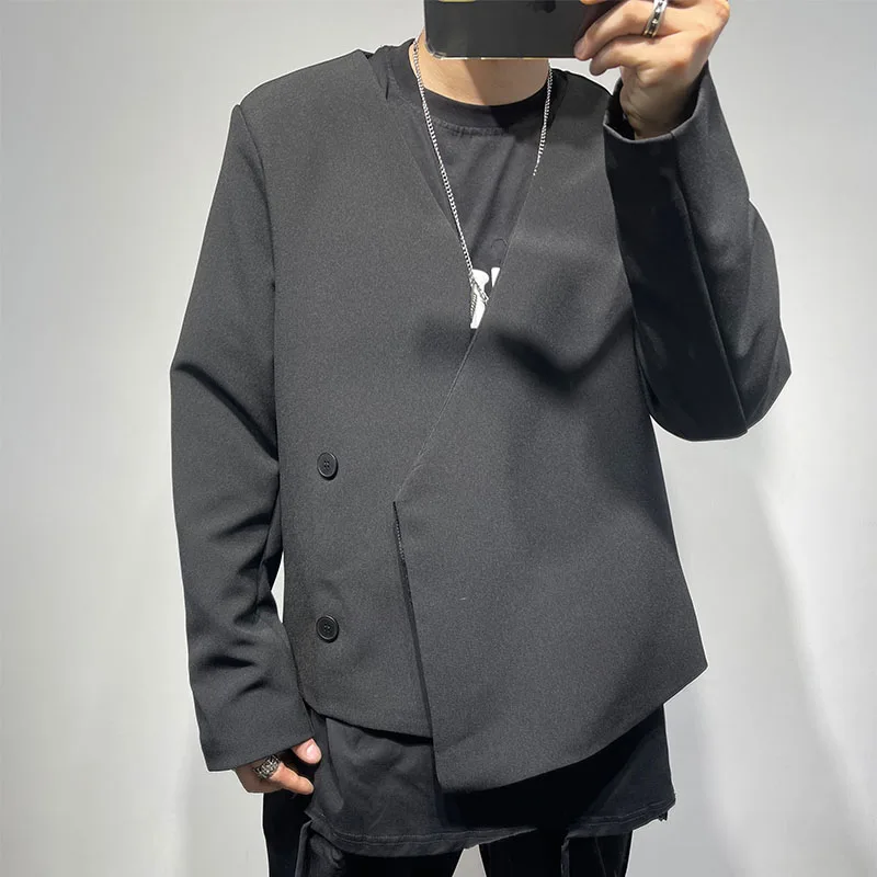 Men's Short Coat Loose Solid Color Suit Coat Dark Department Fashion Collarless Design Korean Fashion Simple Style