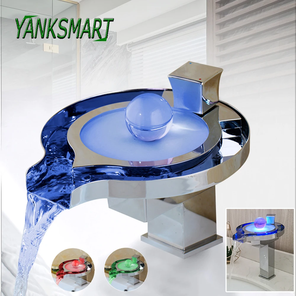 

YANKSMART Deck Mounted Bathroom Faucet Brass Chrome Waterfall Basin Sink Faucets 3 Colors Change LED Tap Water Power Mixer Tap