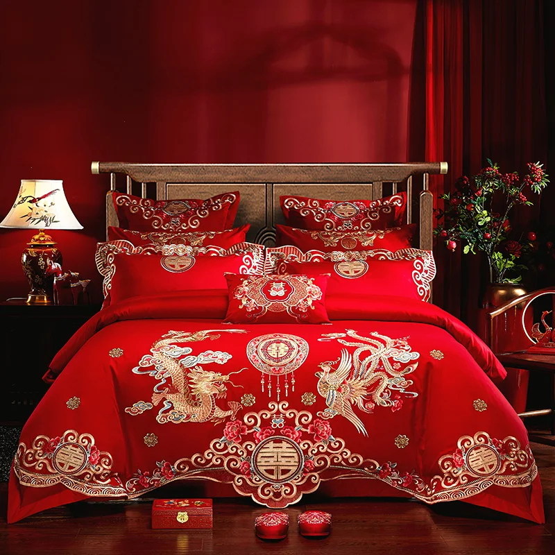 4/6/8pcs Golden Loong Phoenix Embroidery Bedding Set Egyptian Cotton Red Chinese Weddind Duvet Cover Bed Sheet Pillowcase