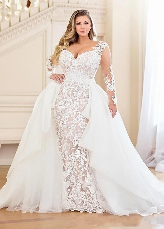 Plus size sereia vestidos de casamento com trem destacável 2020 renda applique nupcial com manga longa vestidos de novia praia