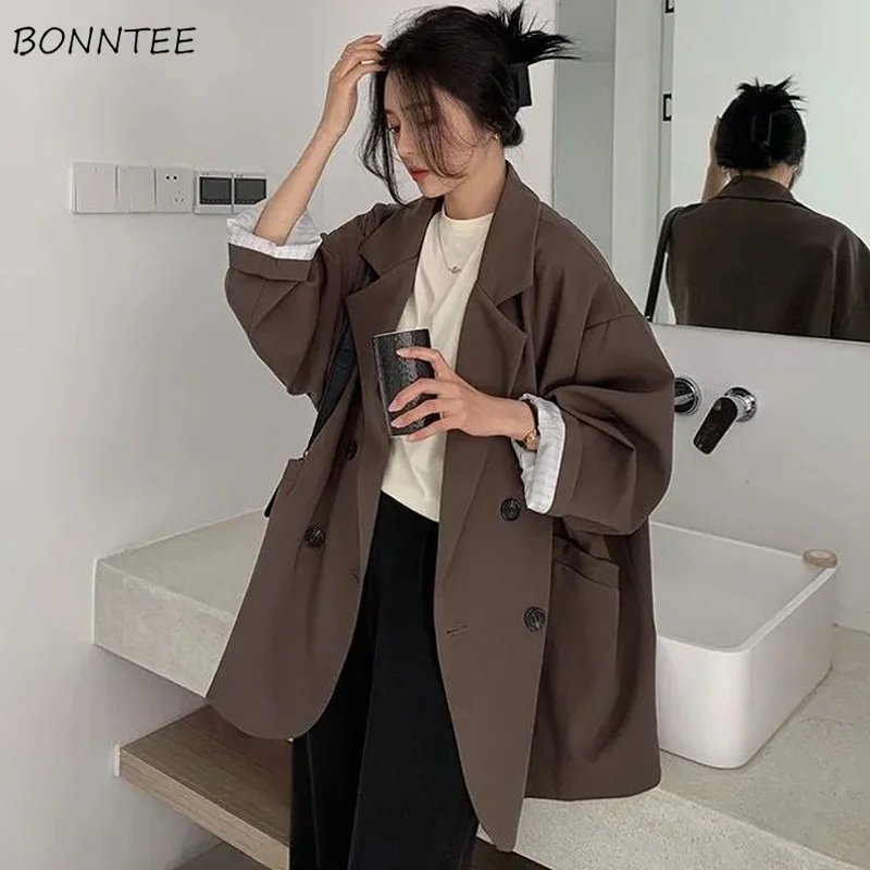 

Blazers Women Loose Spring Simple Office Lady All-match Outwear Pockets Retro Elegant Formal Colleges Femme Pure Color Harajuku