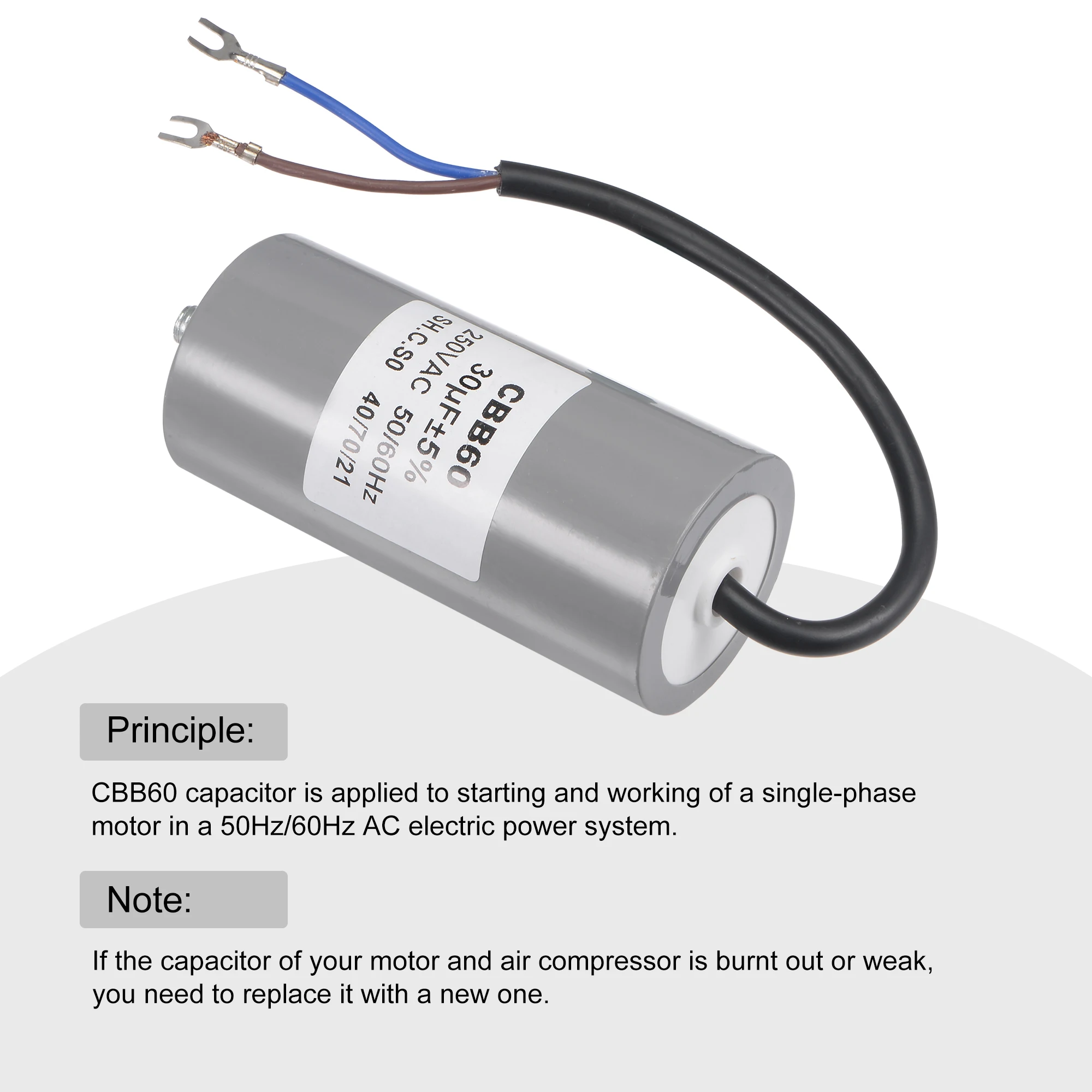 Uxcell CBB60 Kapasitor Lari 30UF 250V AC 2 Kabel 96X46Mm dengan Terminal Kancing Penguat M8