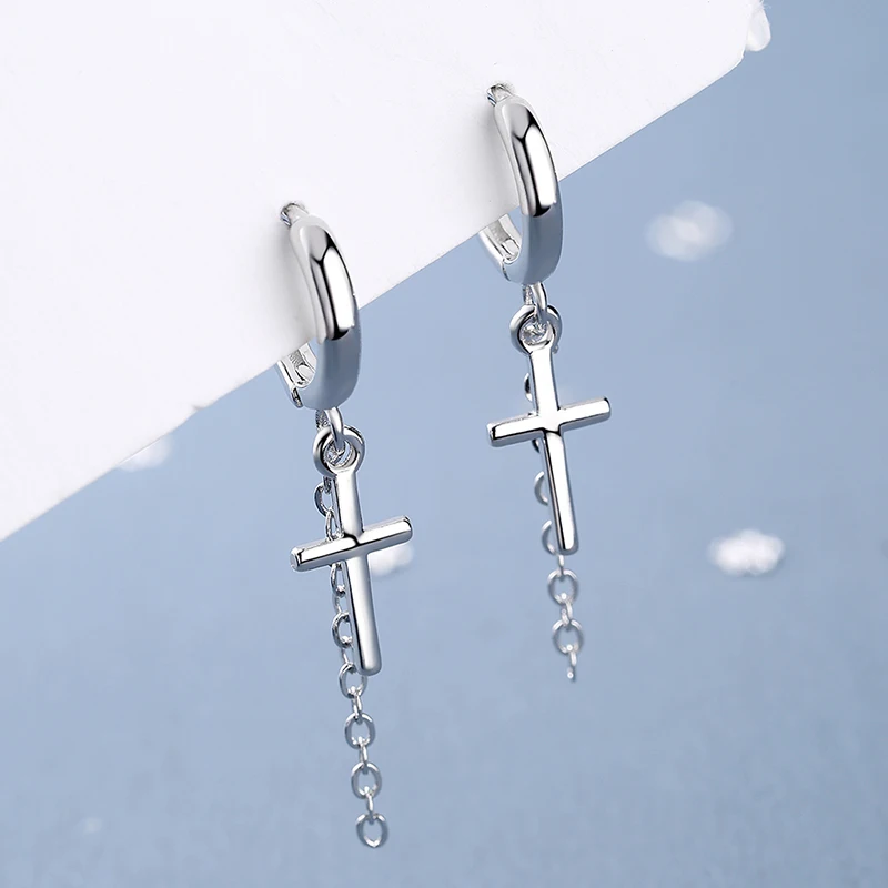 Women\'s Fashion Simple Style Drop Earrings Small Huggies With Cross Pendant Thin Tassel Dangle Earring Piercing Accessories Gift