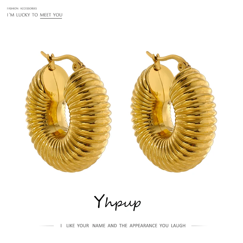 Yhpup-Round Chunky aço inoxidável Hoop Earrings, ouro 18 K Metal Jóias, impermeável, acessórios da moda, Novo