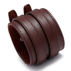 Punk Style Wide Leather Bracelet Men's Simple Double Layer Male Female Bracelets Bangles Wristbands Vintage Jewelry