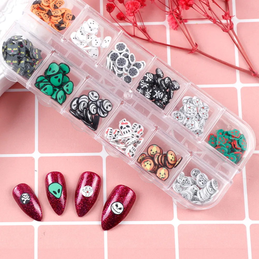 12 style Halloween Day Nail Art Decoration Ghost Jack-o-lantern Skeleton Mummy Polymer Clay Slices Sequins Nail Accessories