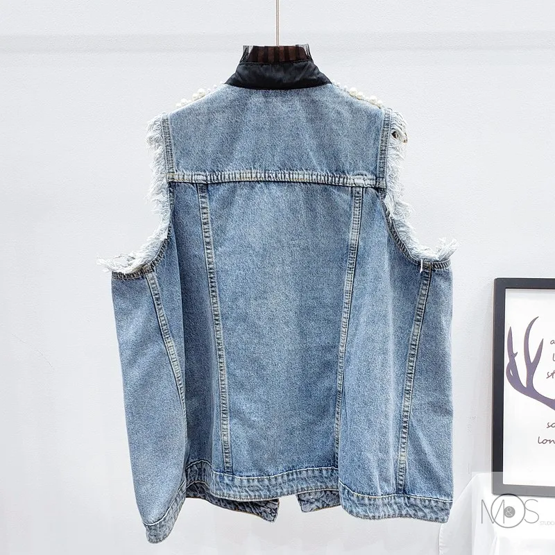 2024 Spring Autumn Plus Size Sleeveless Coat Fashion Heavy Industry Bead Stitching Mesh Loose Denim Vest Jacket Women Waistcoat