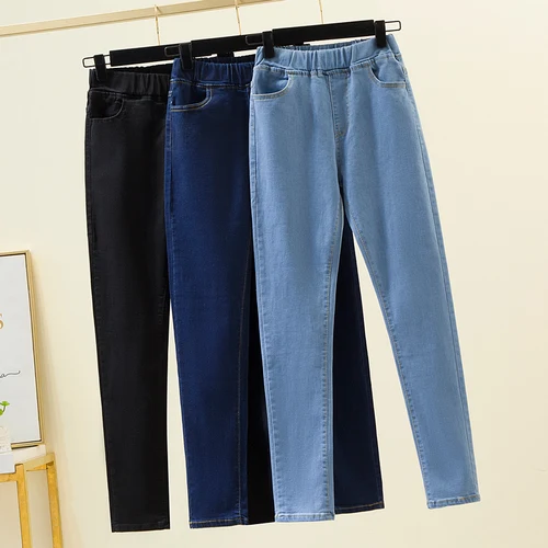 Pantalones vaqueros negros 6XL con cintura elástica para mujer, pantalones vaqueros ajustados elásticos para primavera y otoño, pantalones vaqueros informales combinables para novio