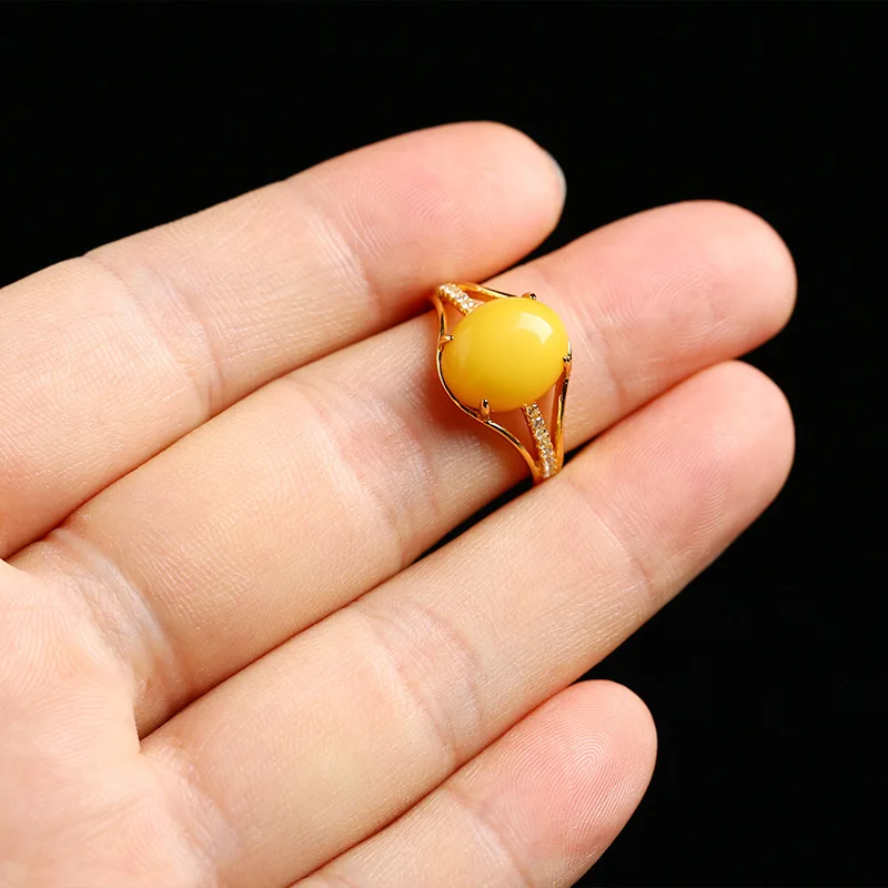 Luxury 925 Sterling Silver Ring Inlaid With Amber Beeswax Ring For Woman Jewelry Gift