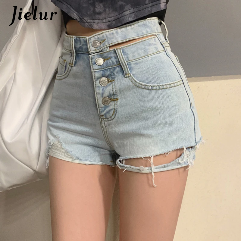 Jielur Ripped Holes Washed Womens Shorts Summer 2021 High Waist Blue Shorts Women Skinny Button Fly Casual Jeans for Girls S-XXL