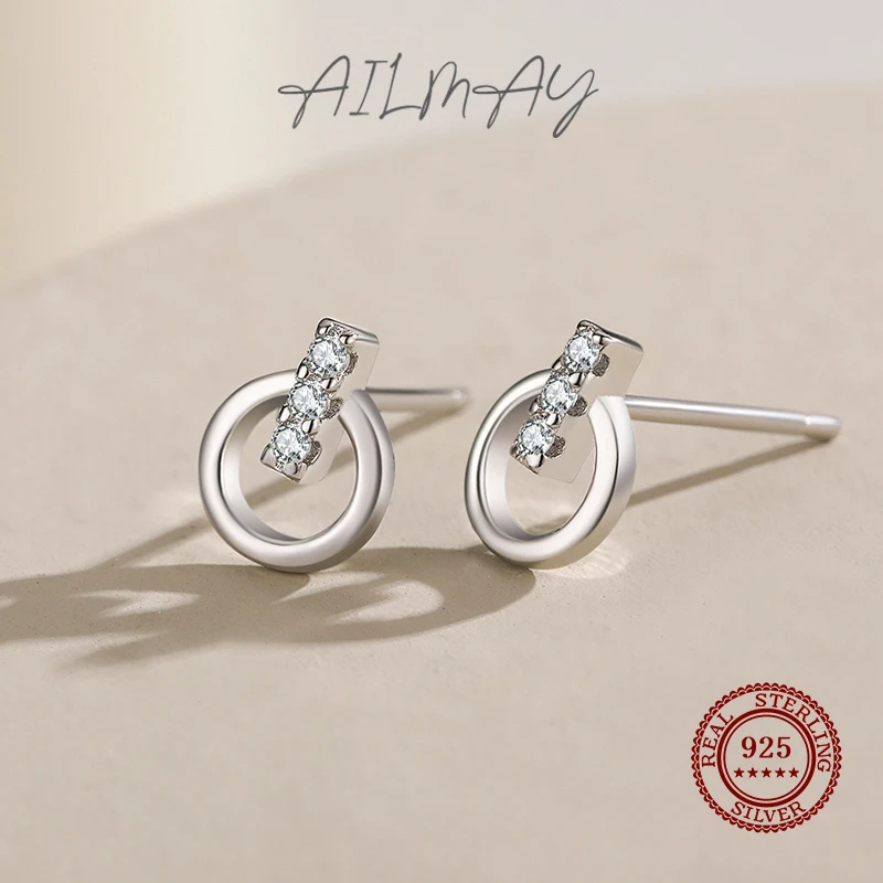Ailmay Fashion Irregular Geometric Stud Earrings For Women Authentic 925 Sterling Silver Simple Geometric Fine CZ Jewelry