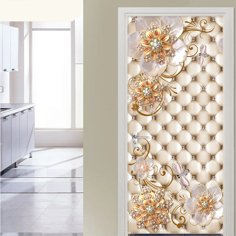 PVC Self-Adhesive Door Sticker 3D Stereo Golden Jewelry Flowers Soft Roll Mural Luxury Home Decor Door Poster Wallpaper Stickers