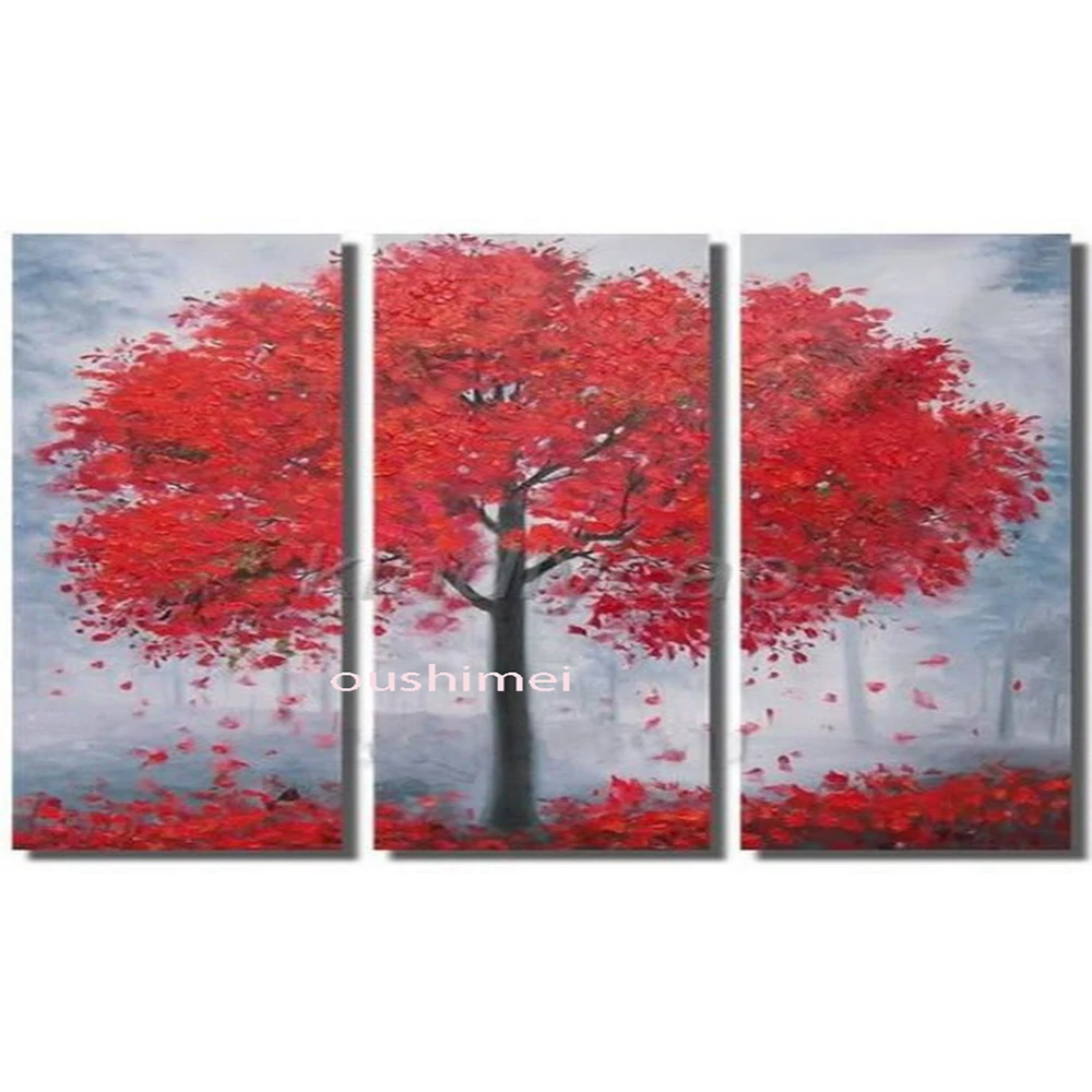 

Hand-painted Wall Art Autumn Red Trees Abstract Landscape Oil Painting On Canvas White Flower 3pcs/set Group Of Paintings