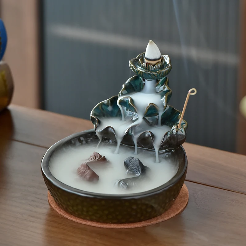 Lotus Pond Backflow Incense Burner Fish Smoke Waterfall Censer Ceramic Incense Stick Holder Gift Ornaments Creative Home Decor