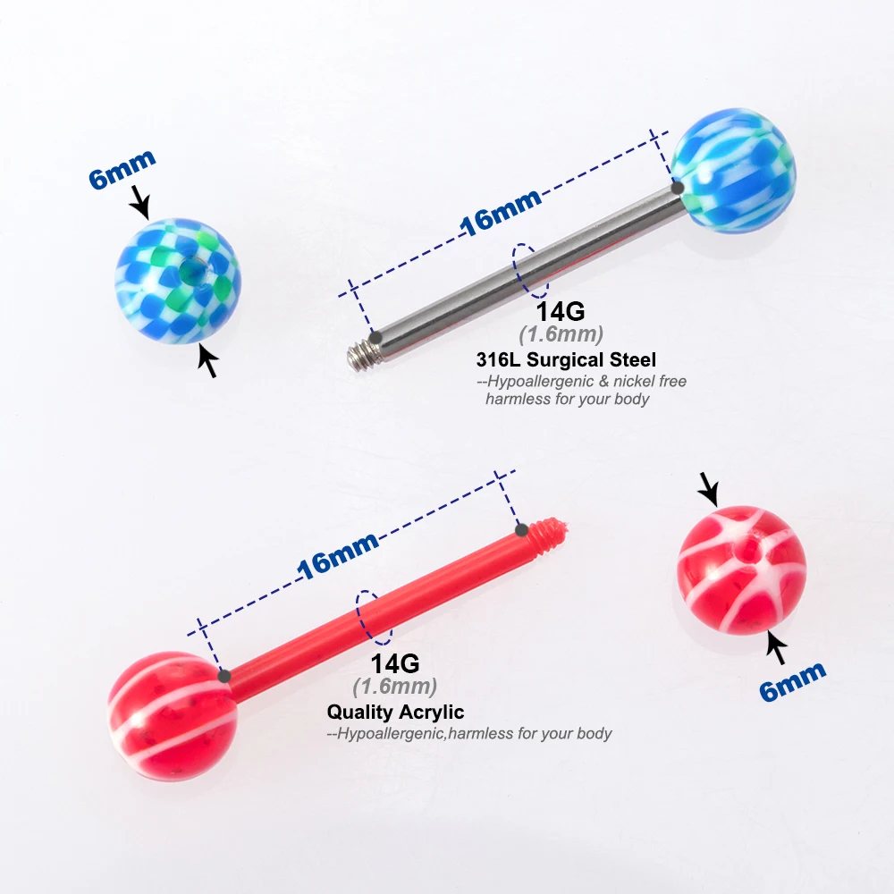 10PCS Random Colors Bioflex Nipple Barbell 16mm Acrylic Ball Tongue Rings Nipple Ring Retainer 14G Flexible Tongue Piercing Bar