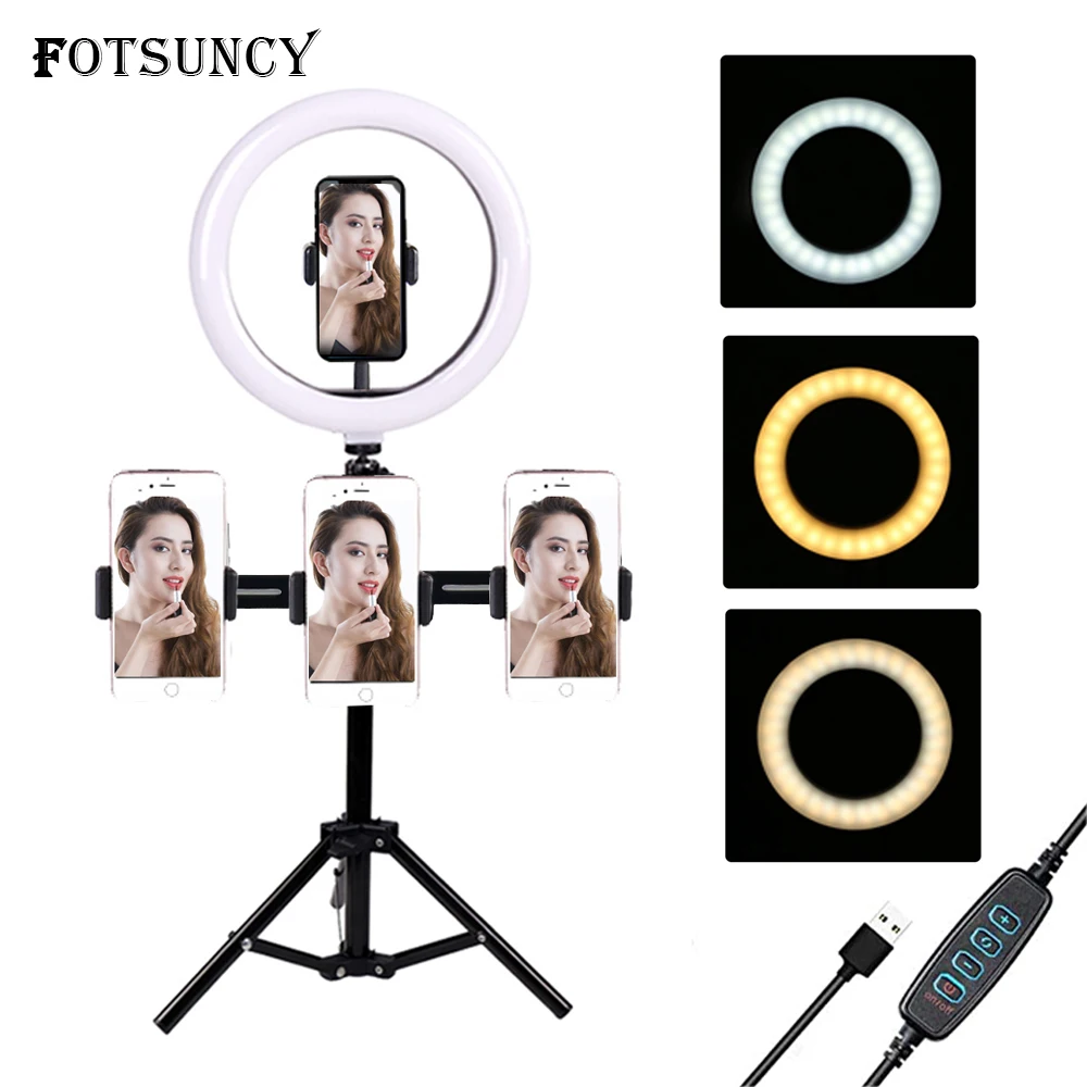 

10 Inch Selfie Ring Light LED Video Light Dimmable USB Photography Lamp For Makeup,Youtube With Tripod Multiple Phone Holder