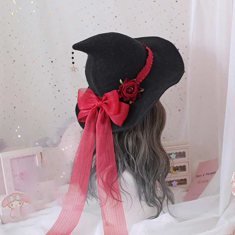 Chapeau de Sorcière Gothique Lolita avec Nministériels d Papillon, Rose Rouge, Ruban Floral, Pendentif pour Femme, Accessoires d'Halloween