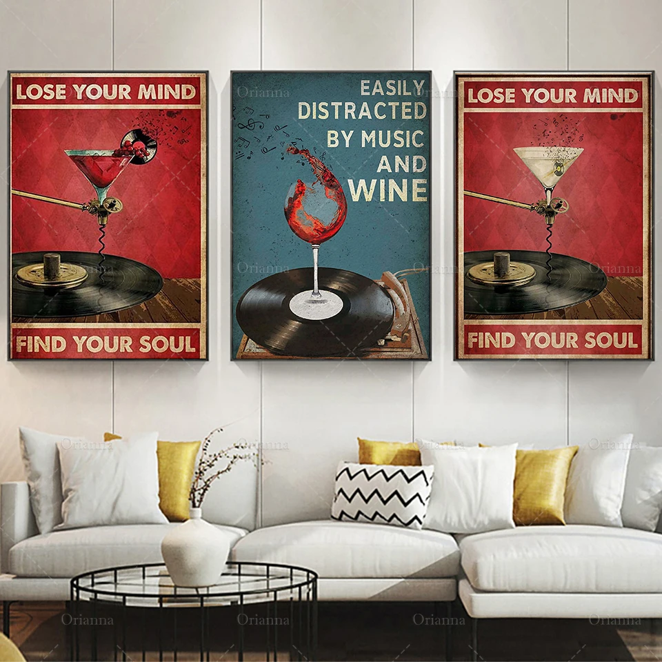 Music Poster - Lose Your Mind Find Your Soul,Music And Wine,Vinyl Art Print,Whiskey Lover Gift, Cigarette Wall Art,Home Decor,