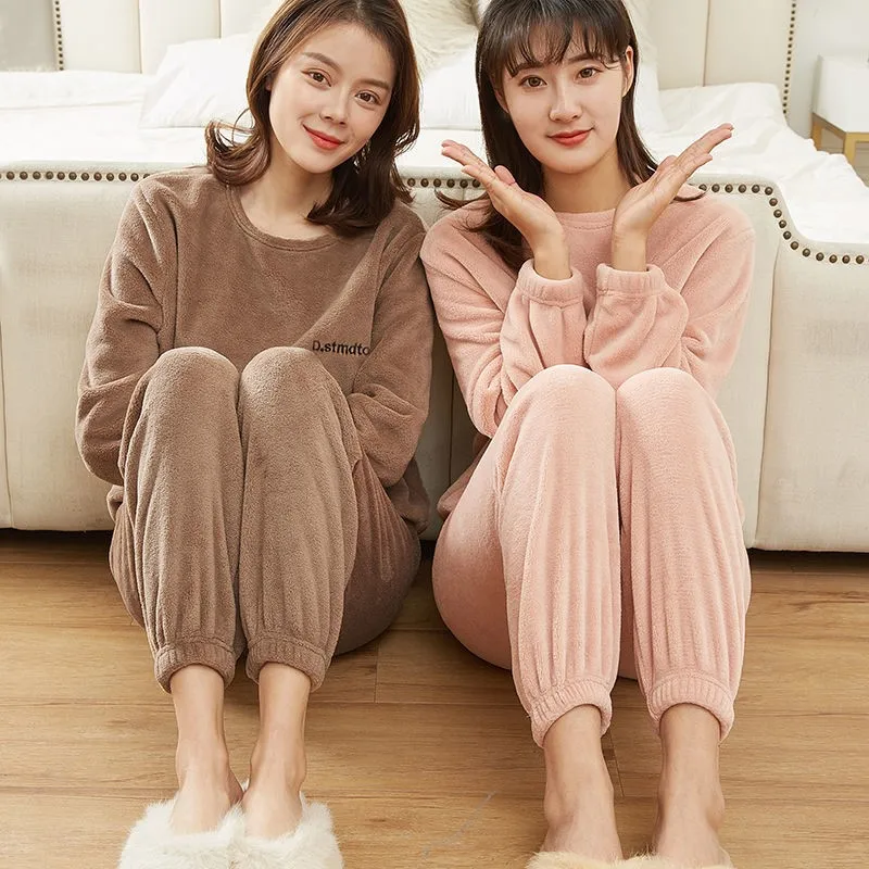 

Thick Coral Velvet Pajamas 2 Piece Sets Women's Outfits Casual Warm Flannel Pull and Pants Sweet Fleece Tracksuit for Winter