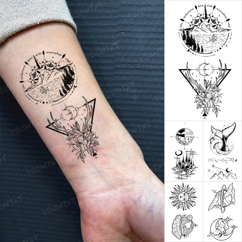 

Mountain River Earth Landscape Illustration Waterproof Temporary Tattoo Stickers Black Line Simple Body Art Fake Tatoo Men Women