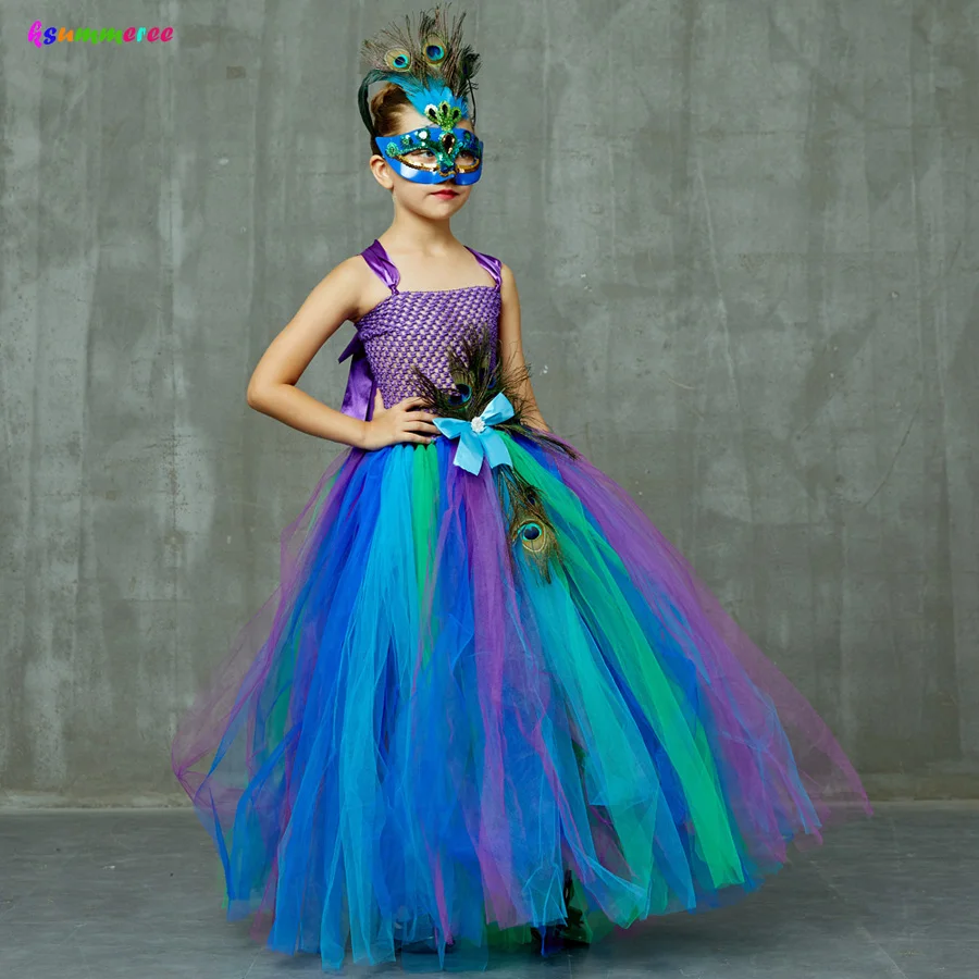 Flower Princess Peacock Costume for Girls Wedding Birthday Party Tutu Dress Kids Pageant Ball Gown Feathers Girl Tulle Dresses