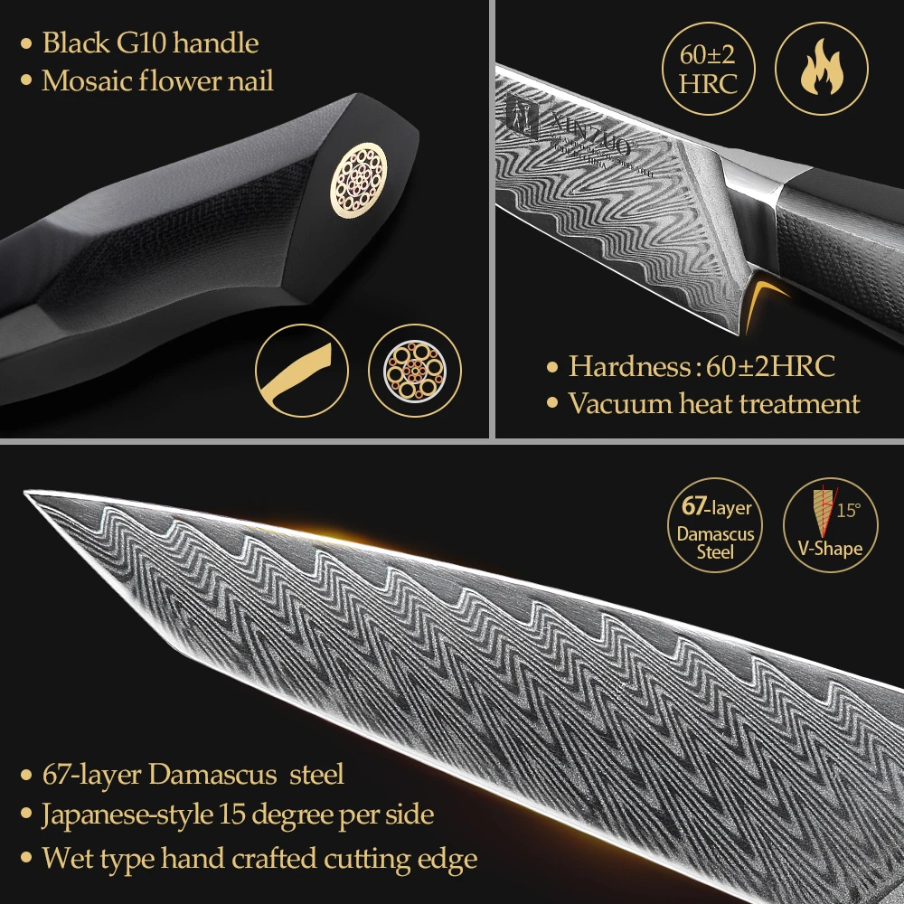 XINZUO 3PCS Knife Sets Damascus Steel VG10 Core Blade Razor Sharp Kitchen Santoku Knives G10 Handle Meat Slicer Cutting Knife