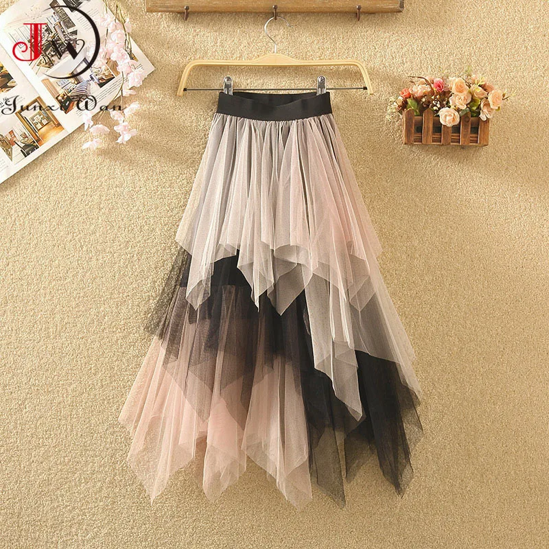 Irregular Mesh Pleated Women Elastic Waist Patchwork 2022 Spring Summer Elegant Romantic Girls Long Skirts Saias