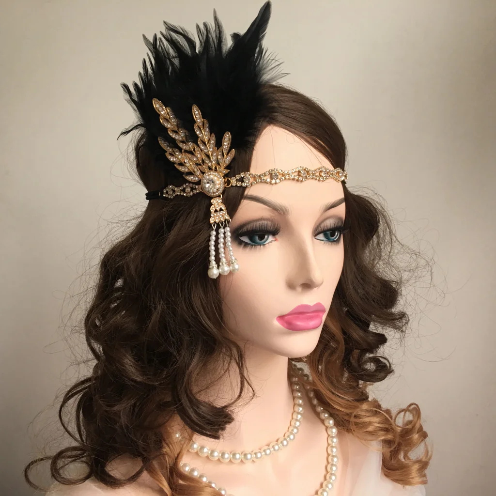 Vintage Woman Elastic Feather Headband Black Rhinestone Pearls Shiny Hair Band 1920s Gatsby Charleston Party Hair Accessories