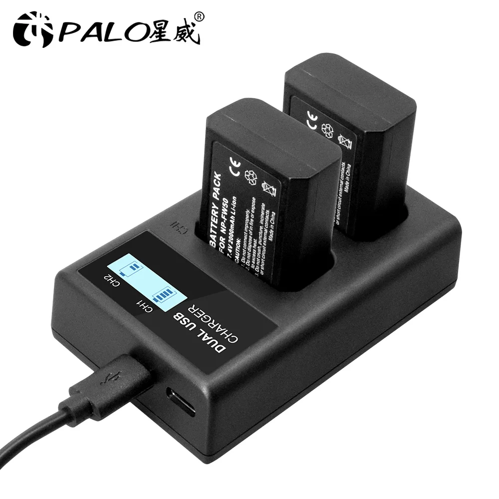 PALO 2000mAh NP-FW50 NP FW50 Battery AKKU+LCD Dual Charger for Sony Alpha a6500 a6300 a7 7R a7R a7R II a7II NEX-3 NEX-3N NEX-5