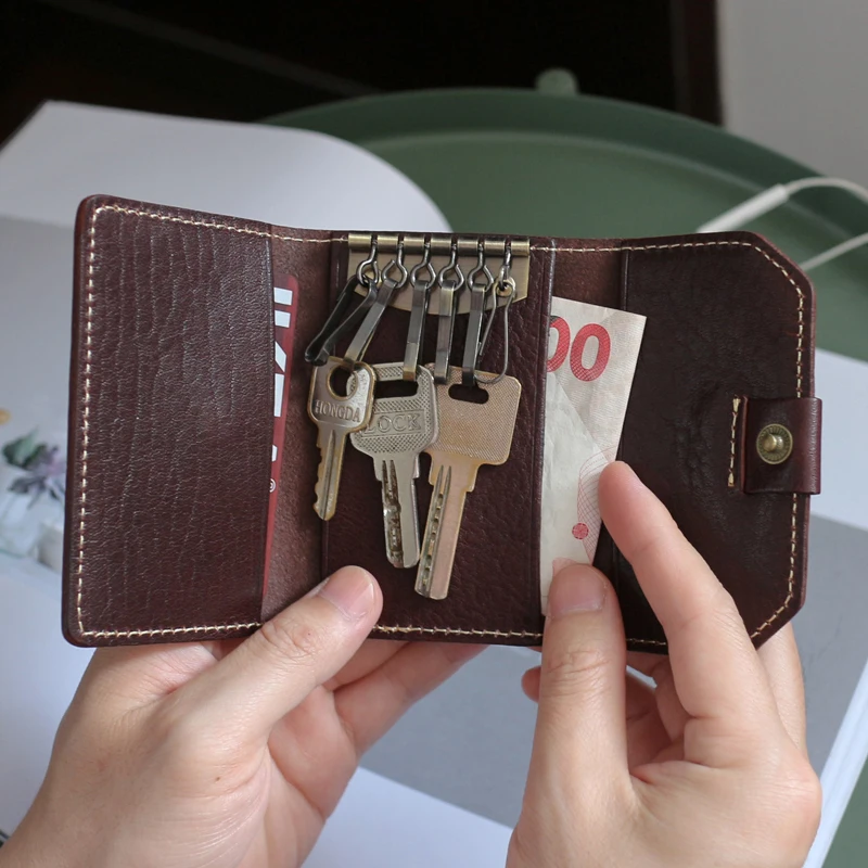 Luxury Organizer Key Wallets Men Cowhide Leather Top End Handmade Retro Housekeeper Key Bags Women Hasp Keychain