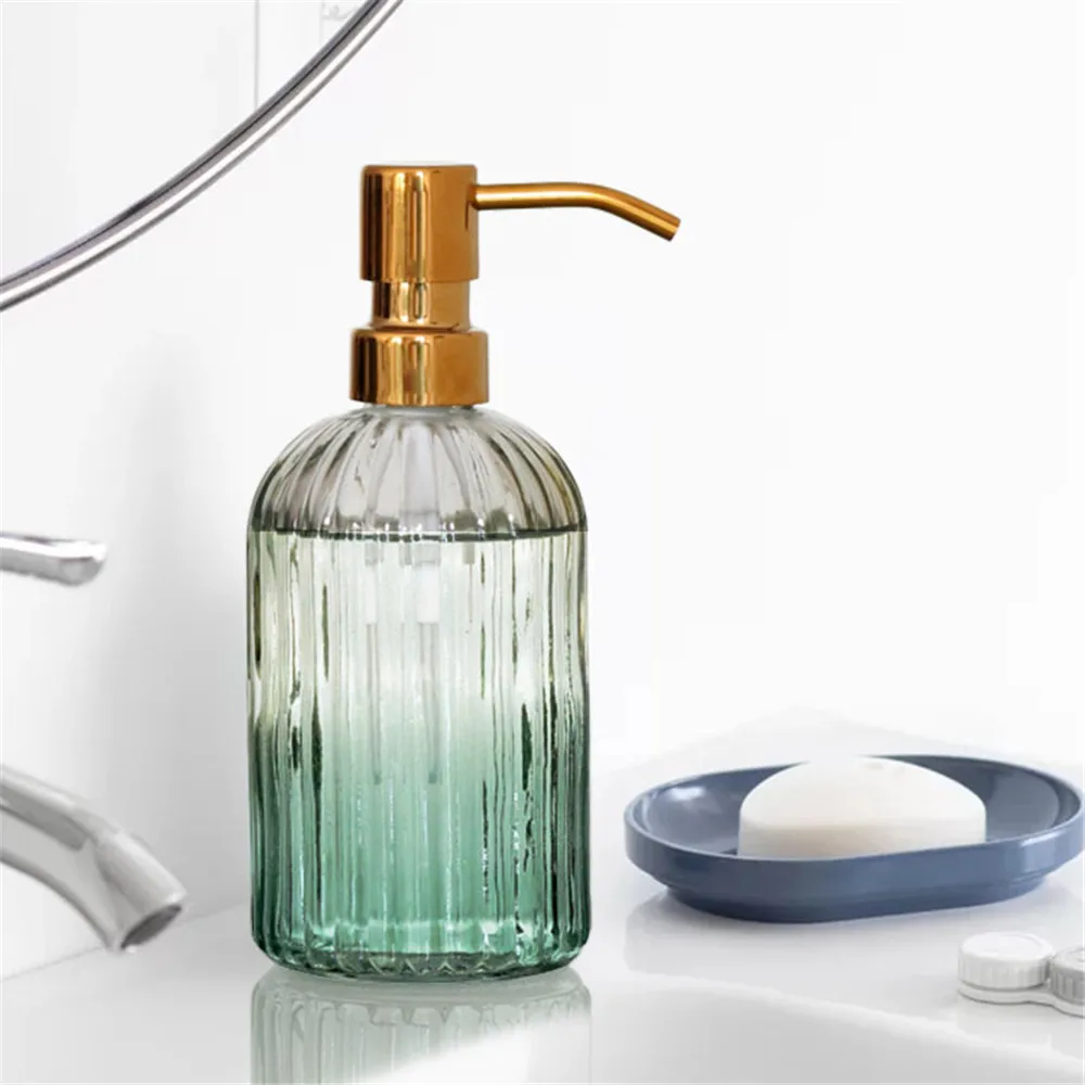 Green Glass Shampoo Bottle, Soap Dispenser, Metal Press Pump, Bath Hand Washing Bottles, Kitchen Detergent Sub-bottle, 400ml