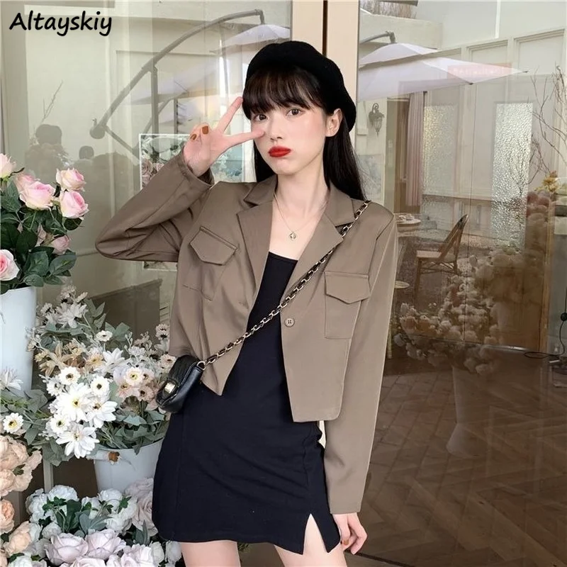 

Crop Blazers Women Single Button Long Sleeve Streetwear Stylish Fashion Tender Girls Mujer All-match Outwear Loose Female Chic