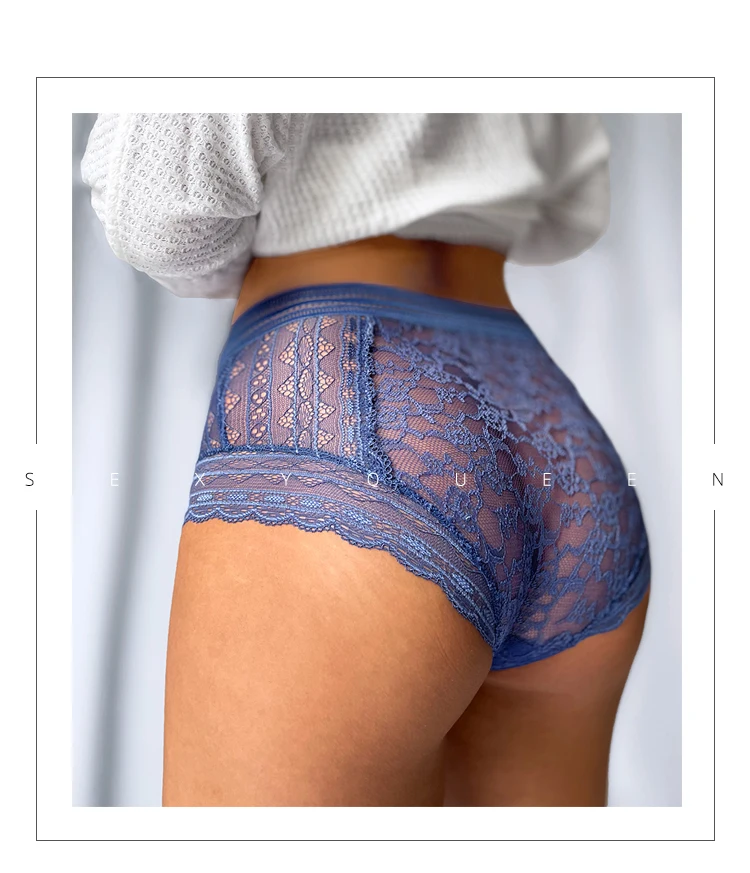 Sexy Flower Embroidered Transparent Lace Women's Underwear Thin High Waist Hollow Out Panties Ruffle Seamless Briefs S1256