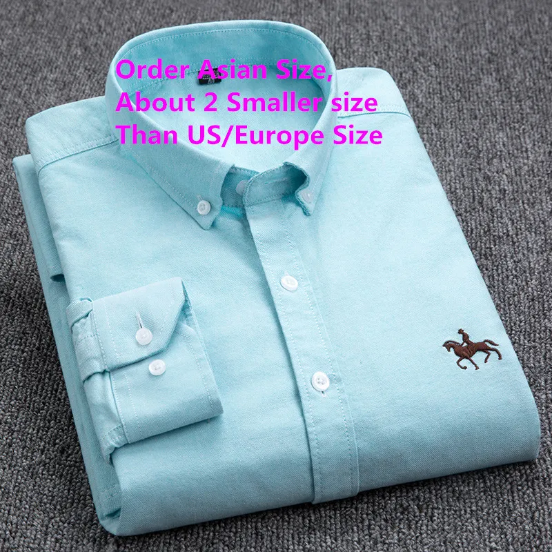 100% Cotton Oxford Shirt Men\'s Long Sleeve Embroidered Horse Casual Without Pocket Solid Yellow Dress Shirt Men Plus Size 5XL6XL