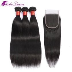 Aisha Queen-Pacotes de cabelo peruano com fechamento, cabelo humano não remy, cor natural, 3 pacotes com fechamento