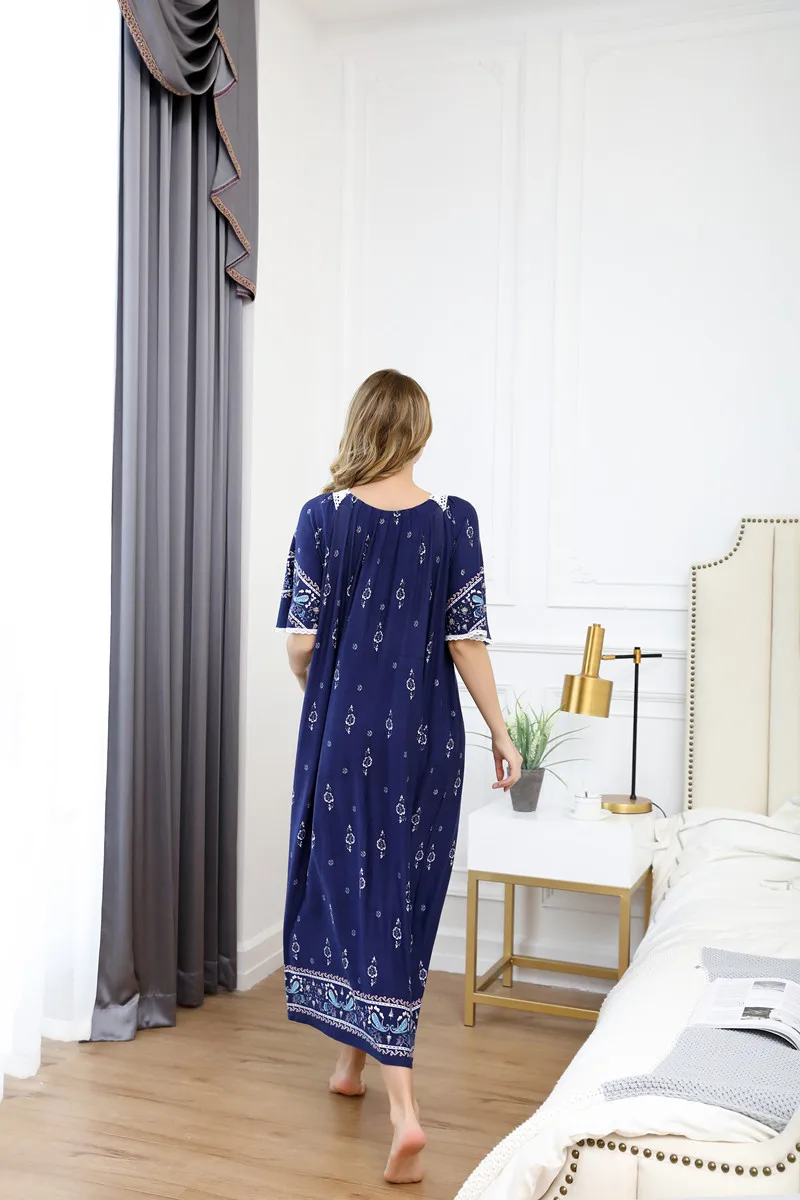 Casual Ladies Long Nightshirt Plus Size Loose Nightgown Women Holiday Print Dress Women Summer Short Sleeve Cotton Nightdress