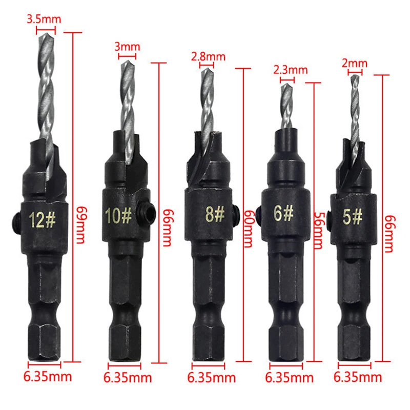 2020 new 5PCS HSS Countersink Woodworking Chamfer Drill Bit Set Drilling Pilot Holes #5 #6 #8 #10 #12