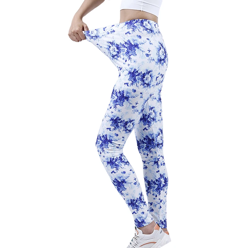 LJCUIYAO Women Printing Pants Sports Leggings Sportswear Stretchy Fitness Gym Exercise High Waist White Blue Floral Push Up Hot