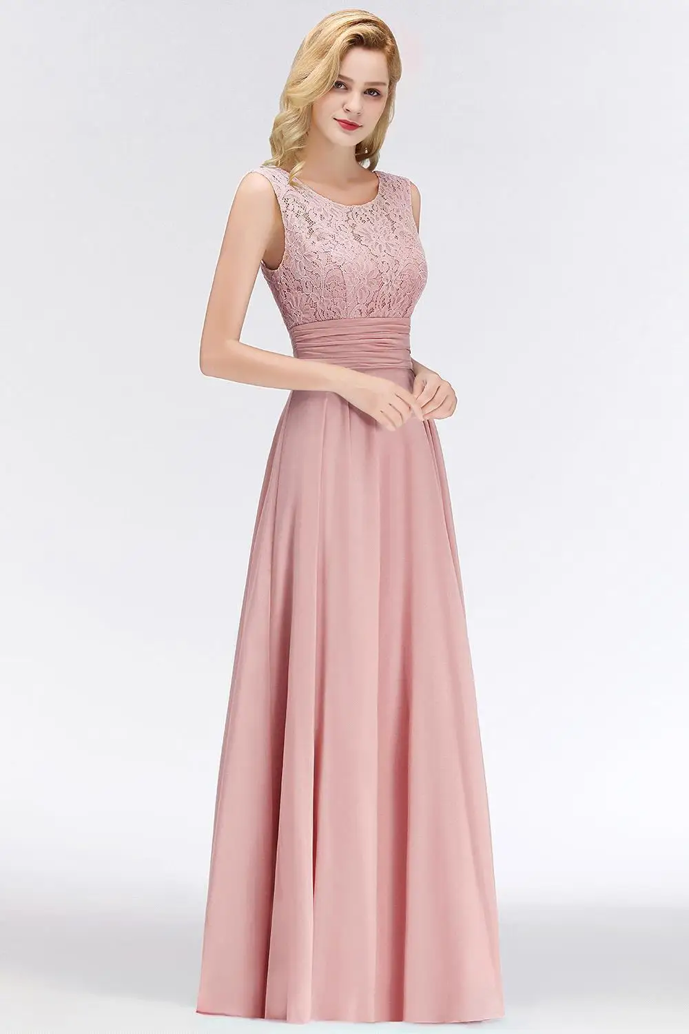 FATAPAESE Vestido Dusty Pink Lace Long Bridesmaid Dresses Stretchy A Line Chiffon Dress Wedding Party Robe Demoiselle D'honneur