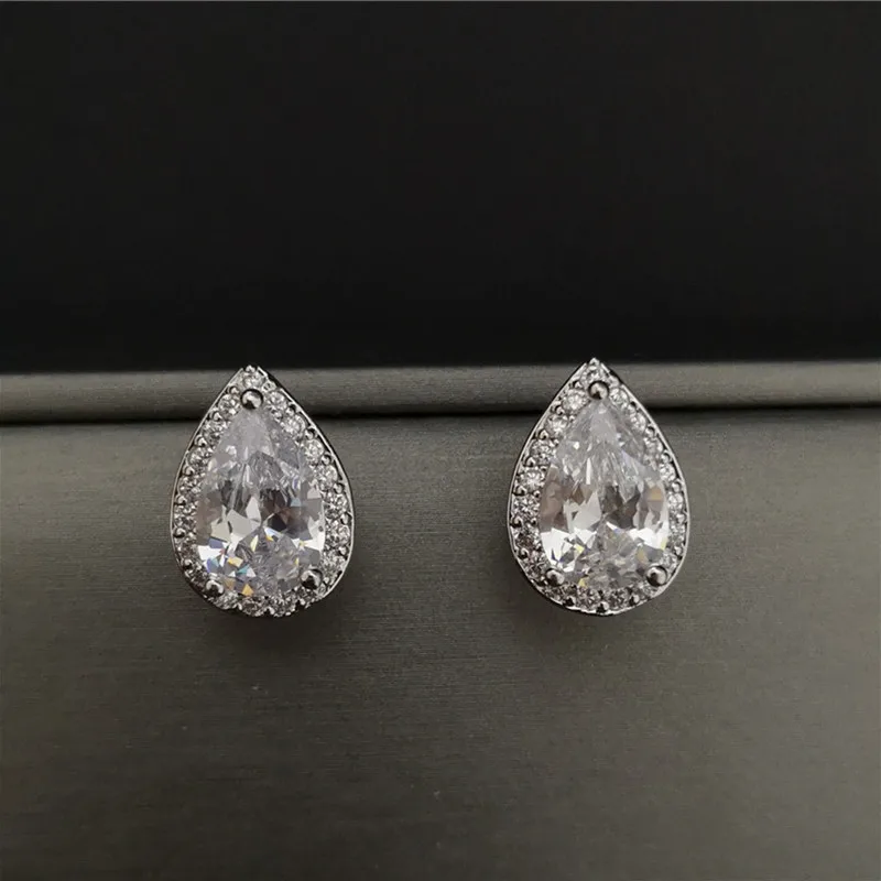 Women\'s Stud Earrings 925 Silver Needle Waterdrop Cubic Zircon Earrings Wedding Brincos Bridal Fine Jewelry Bijoux Femme E051