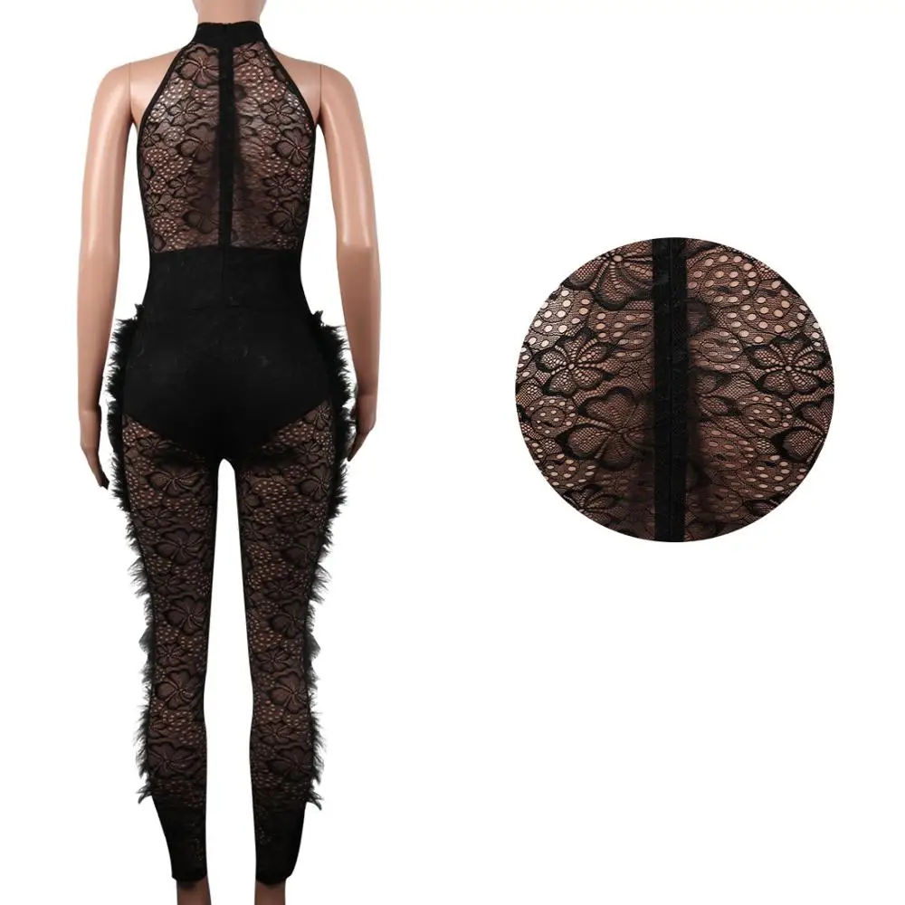 BKLD Rompers Womens Jumpsuit Fashion New Feather Lace Patchwork 2019 Clothes Woman Summer See Through Black Sexy Club Jumpsuits