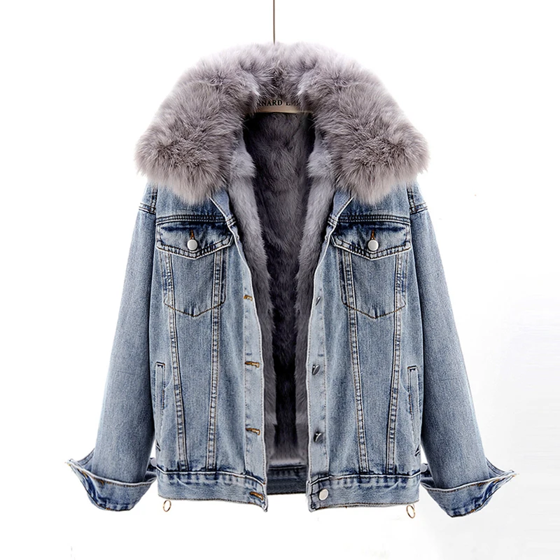 Winter Thick Warm Natural Fox Fur Collar Denim Jacket Women Vintage Blue Loose Short Rabbit Fur Liner Jeans Jacket Coat Female