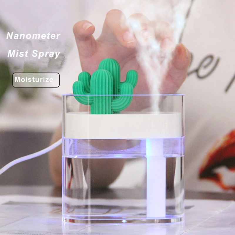 Car USB Purifier Aroma Diffuser Negative Ion Sprayer 160ML Ultrasonic Air Humidifier Transparent Cactus Color Light Diffuser