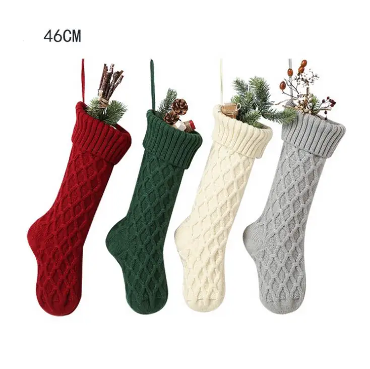 Christmas Acrylic Knitted Socks Red Green White Gray Knitting Stocking Christmas Tree Hanging Gift Sock Xmas Candy Stockings SN